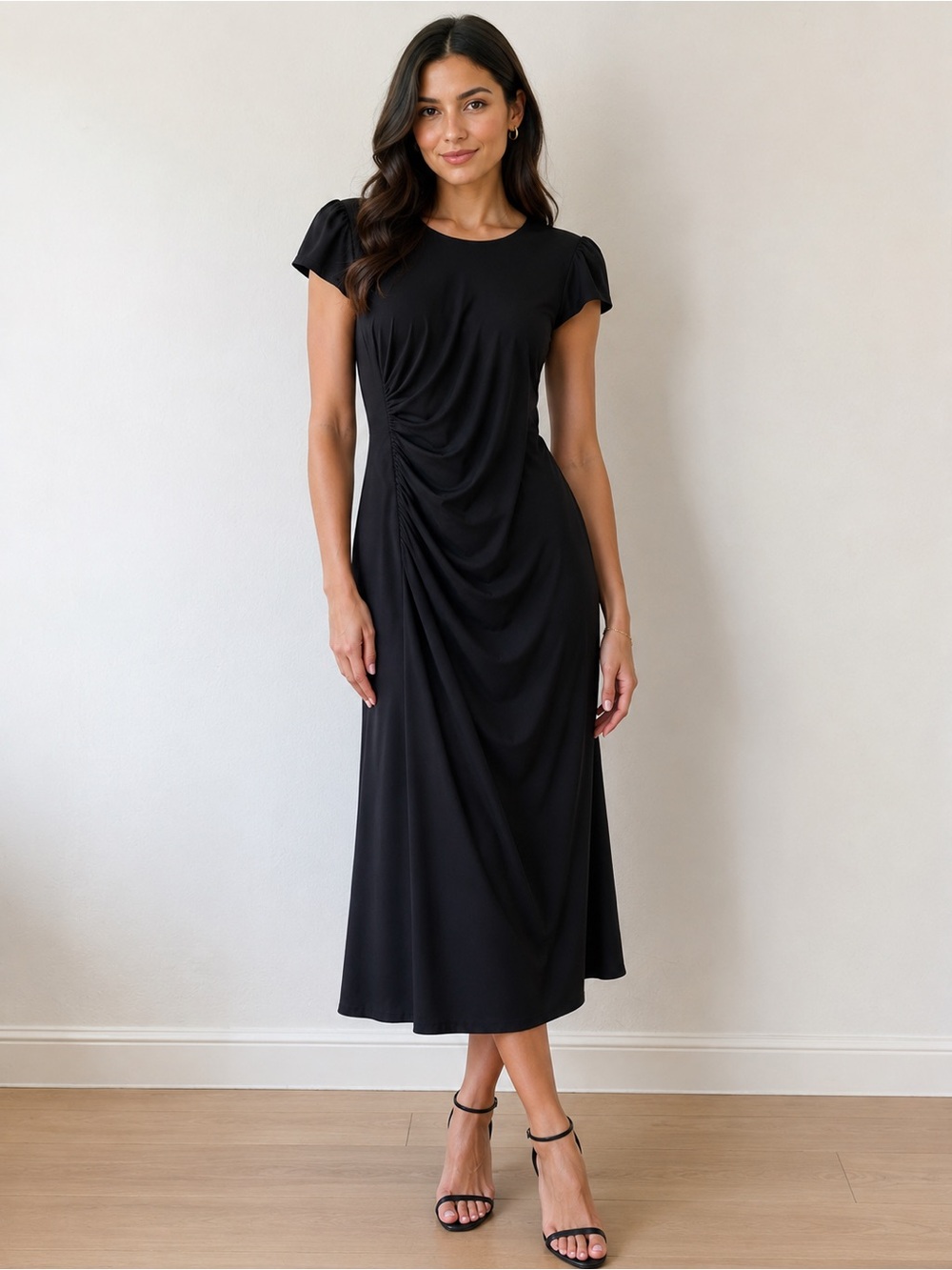 Adrianna Papell Black Side Ruched Jersey Midi Dress Size 6 Puff Sleeve